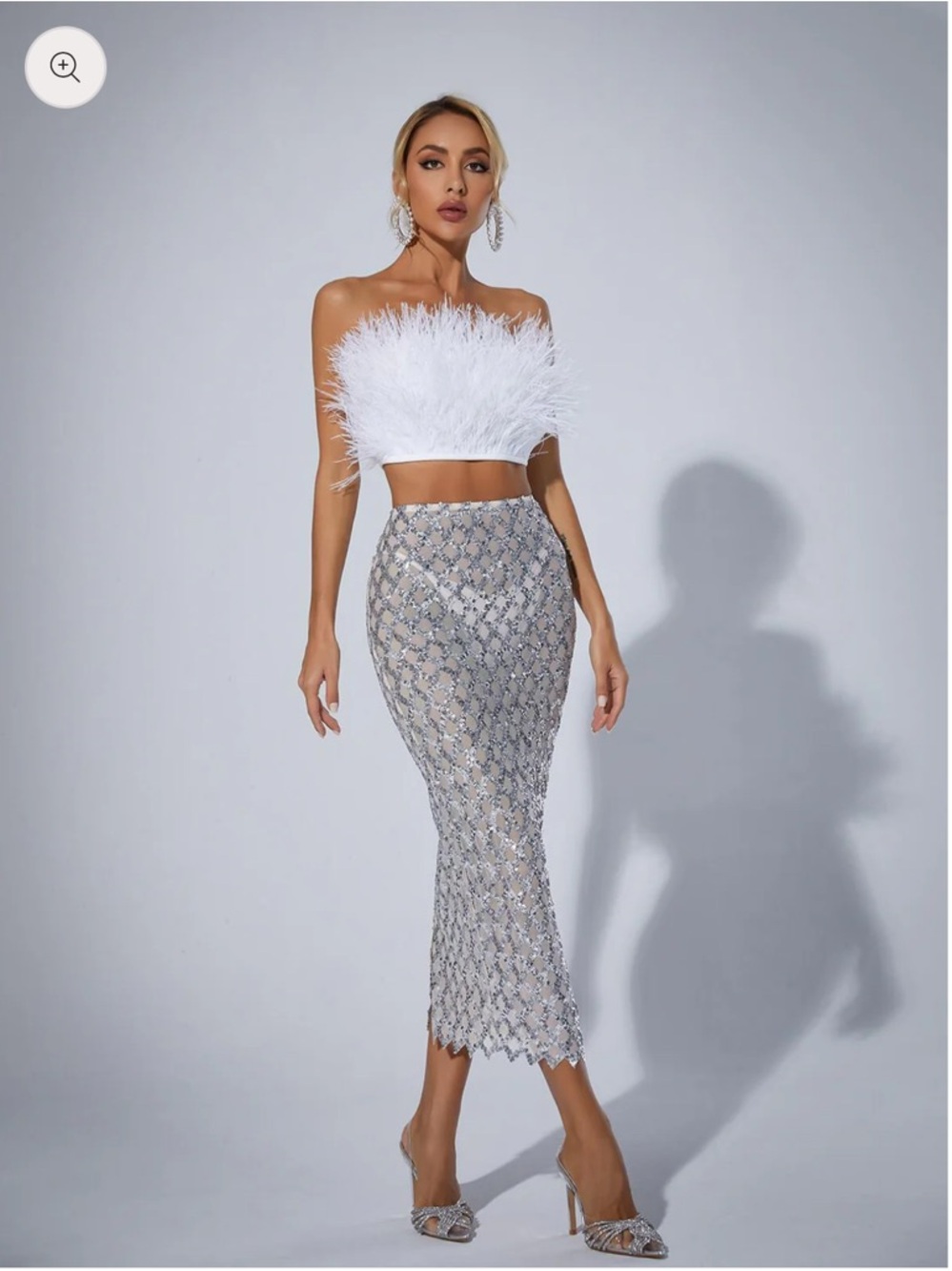 *WORN ONCE* Mew Mews Silver Sequin Midi Skirt with Delicate Lattice Detail